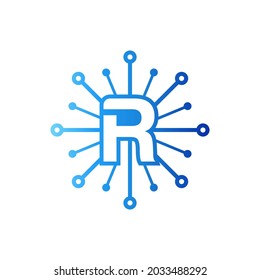 Letter r technology logo designs, Letter r connect dot network logo design vector.