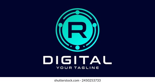 letter R technology logo. Digital font vector design for industry with circuit circles and dots, for digital, technology,data