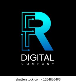 Letter R technology logo. Font digital vector design for industry with dot and blue color. Modern style with gradient. This logo is also suitable for machine business.