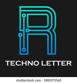 Letter r technology logo template. Technology abstarct dot and gradient blue color. suitable for industry, web, computer, network, app, mobile, medical media, electric, energy etc