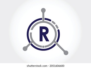 Buchstabe R mit dem Symbol für das Vektorsymbol der Technologie. Geeignet für Technologie, Internet, Computer und datenbezogene Business.