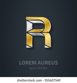 Letter R. Template for company logo. 3d Design element or icon. Vector elegant gold and silver font.