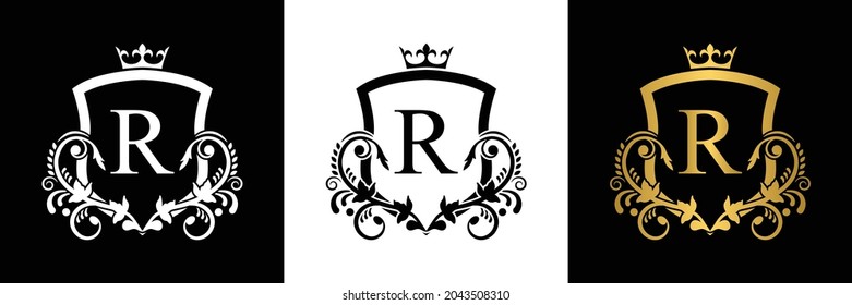 Letter R template logo shield letter with crown. alphabet . Beautiful royal initials letter.
