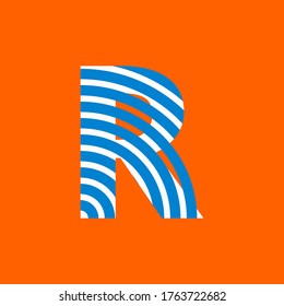 Letter R texture of curved lines in white and blue on orange background for party, editable vector