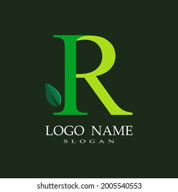 
logotipo del tema de la letra R con una combinación de hojas, tema de la naturaleza, verde