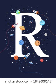 The letter R with the theme of outer space for Children. Letter graphic vector illustration for kids on outer space theme. space kids, letters for children.