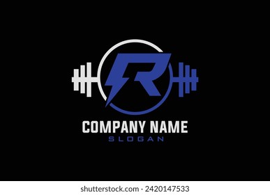 Letra R trueno Logo Con barbacoa. Vector del logotipo del gimnasio.