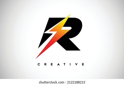 Letter R Thunderbolt Logo Concept with Black Letter and Orange Yellow Thunder. R Lighting bolt thunder bolt Lighting Strike Creative Letter Vector.