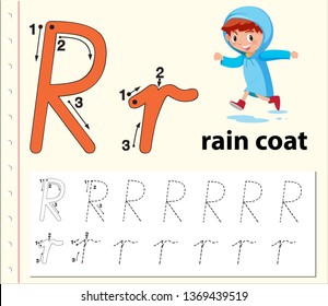 Letter R tracing alphabet worksheets illustration