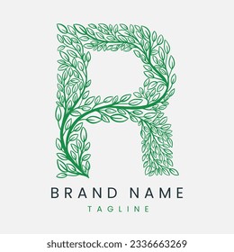 Letter R Tree Branch, Formed From Twigs Leaves Logo Design