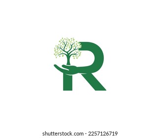 Letter R with tree  Nature Logo Design. Alphabet with tree and hand unique vector illustration.