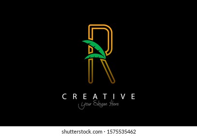 Letter R Tropical Design Logo Concept. Creative Icon Logo with Palm Tree Shape Vector Illustration.