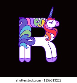 Letter "R" unicorn. Written by unicorns. Letter in the style of the unicorn. Fairytale font. White unicorn with a multicolored mane. Trend print on a T-shirt. Logo "R". Isolated on a black background.