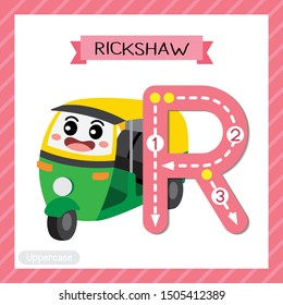 Letter R uppercase cute children colorful transportations ABC alphabet tracing flashcard of Auto Rickshaw for kids learning English vocabulary and handwriting Vector Illustration.