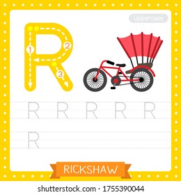 Letter R uppercase cute children colorful transportations ABC alphabet tracing practice worksheet of Rickshaw for kids learning English vocabulary and handwriting Vector Illustration.