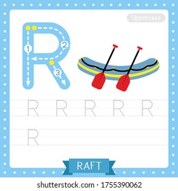 Letter R uppercase cute children colorful transportations ABC alphabet tracing practice worksheet of Raft for kids learning English vocabulary and handwriting Vector Illustration.