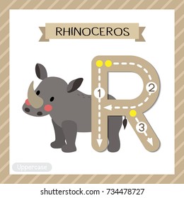 Letter R uppercase cute children colorful zoo and animals ABC alphabet tracing flashcard of Standing Rhinoceros for kids learning English vocabulary and handwriting vector illustration.