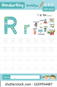 Letter R uppercase and lowercase cute children colorful ABC alphabet trace practice worksheet for kids learning English vocabulary and handwriting layout in A4 vector illustration.