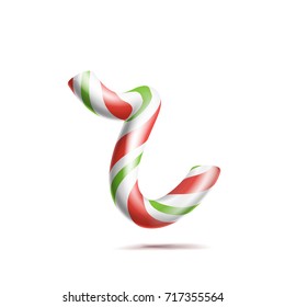 Letter R Vector. 3D Realistic Candy Cane Alphabet Symbol In Christmas Colours. New Year Letter Textured With Red, White. Typography Template. Striped Craft Isolated Object. Xmas Art Illustration