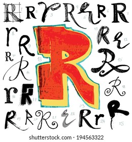 Letra R.Alfabeto vectorial. Cartas dibujadas a mano. Cartas escritas con un pincel. Lugares y manchas.