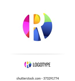 Letter R. Vector colorful alphabet element. Negative space forms a circle. Bright and fresh design letters for children's parties and fun celebrations. Beautiful logo and monogram for businesses.