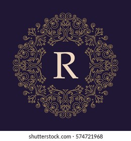 Letter R. Vector decorative line art frame for design template. Luxury round floral ornament. Elegant decor for wedding invitations, greeting cards, certificate, thank you message. Logo template.