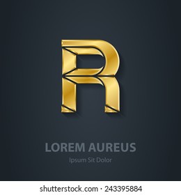 Letter R. Vector elegant gold font. Template for company logo. Design element or icon.