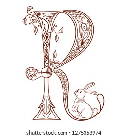 Letter R. Vector letter engraving style with flower and animal. Sketch hand drawn vintage