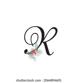 Letter R vector holiday illustration with tree branches and cones. Floral alphabet merry christmas. Monogram initials are perfect for greeting card, logo, poster. Isolated on white background 