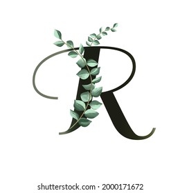 Letter R vector illustration with eucalyptus leaves. Floral alphabet. Monogram initials are perfect for wedding invitations, greeting card, logo, poster. Festive design.