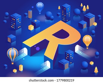 Letter R. Vector isometric abstract font with icons, buildings, colour boxes, trees, balloons. 3d letter for design concept. More letters in same style in my portfolio