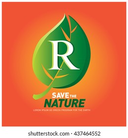 Letter R vector logo and icon save the nature. Go green poster design. Ecology campaign publication