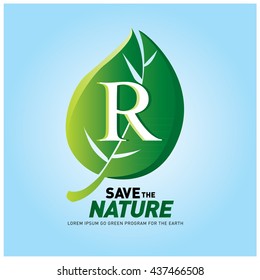 Letter R vector logo and icon save the nature. Go green poster design. Ecology campaign publication