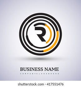Letter R vector logo symbol in the circle thin line colored black and yellow. Design for your business or company identity.