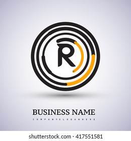 Letter R vector logo symbol in the circle thin line colored black and yellow. Design for your business or company identity.