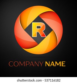 Letter R vector logo symbol in the colorful circle on black background. Vector template for your design