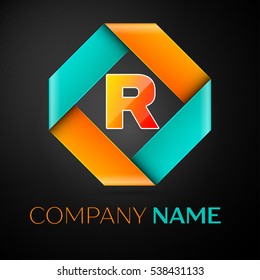 Letter R vector logo symbol in the colorful rhombus on black background. Vector template for your design