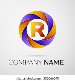 Letter R vector logo symbol in the colorful circle on grey background. Vector template for your design