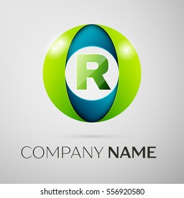 Letter R vector logo symbol in the colorful square on grey background. Vector template for your design