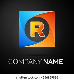 Letter R vector logo symbol in the colorful square on black background. Vector template for your design