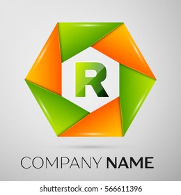 Letter R vector logo symbol in the colorful circle on grey background. Vector template for your design