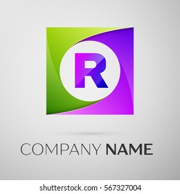 Letter R vector logo symbol in the colorful square on grey background. Vector template for your design