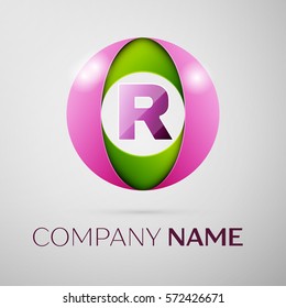 Letter R vector logo symbol in the colorful circle on grey background. Vector template for your design