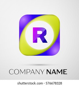 Letter R vector logo symbol in the colorful square on grey background. Vector template for your design