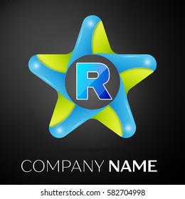 Letter R vector logo symbol in the colorful star on black background. Vector template for your design