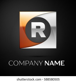 Letter R vector logo symbol in the colorful square on black background. Vector template for your design