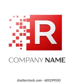 Letter R vector logo symbol in the colorful square with shattered blocks on white background. Vector template for your design