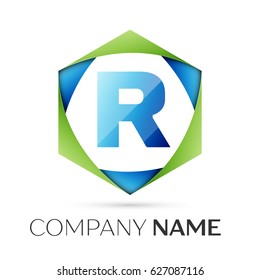 Letter R vector logo symbol in the colorful hexagonal on grey background. Vector template for your design
