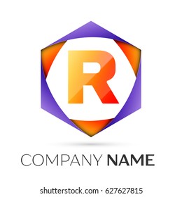 Letter R vector logo symbol in the colorful hexagonal on grey background. Vector template for your design
