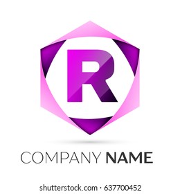 Letter R vector logo symbol in the colorful hexagonal on grey background. Vector template for your design